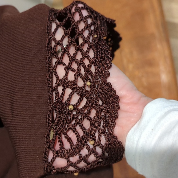Notations Chocolate Cardi w/Hand Crochet Lace Trim Size Medium - Picture 8 of 16